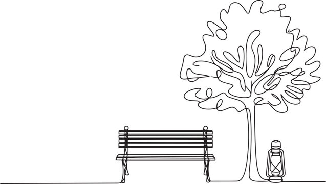 Bench in park near tree and lantern continuous.one line  vector illustration  with out background