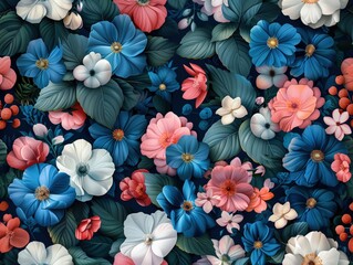3D paper art style flowers with blue background and pink orange flower illustrations