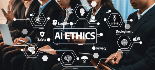 A professional meeting focused on AI ethics, highlighting key issues such as legality, safety, privacy, and deployment among industry leaders in formal attire. Amity