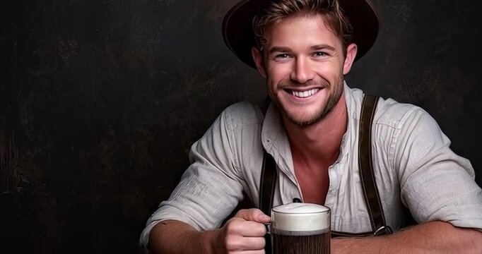 Man smiling holding beer mug studio shot