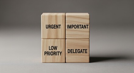 Four wooden blocks arranged in a 2x2 grid, each labeled with a word related to task management: Urgent, Important, Low Priority, and Delegate.