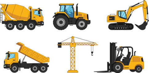 Construction machinery vector illustration set featuring excavator, forklift, crane, dump truck, concrete mixer, and tractor vehicles for industrial, building, and engineering projects