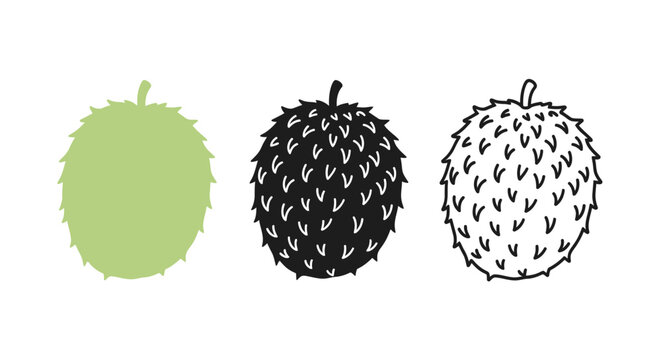 Minimalist illustration of three sets of soursop silhouettes, Symbolizing tropical freshness, flat vector design illustration.