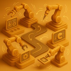 A stylized 3D floor layout showing robotic units along workstations, each with task icons and motion paths. Smooth shading and layered diagrams highlight choreographed teamwork, workflow distribution