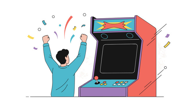 Person celebrates a high score in front of a retro arcade cabinet as confetti bursts and colorful lights flash around the room.