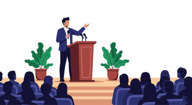 Speaker delivers a public address from a wooden podium to a crowded auditorium with large leafy plants flanking the stage.