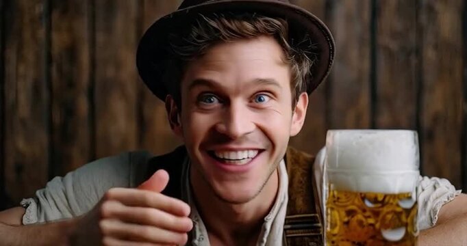 Man with beer mug and hat against wood background
