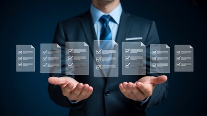 Businessman presenting virtual data interface with floating panels