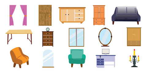 Top view furniture collection, Collection of interior items for a cozy isolated interior. Vector illustration. 
