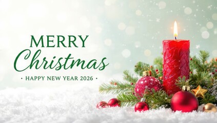 Merry Christmas and Happy New Year 2026 greeting card template with red burning candle, festive ornaments, fir branches, and snow bokeh background. Winter holiday banner.