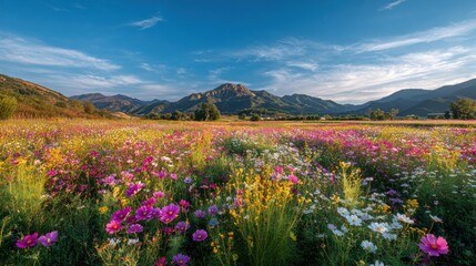 Obraz premium A beautiful field with colorful flowers in full bloom, under a clear blue sky, with gentle sunlight illuminating the scene, creating a serene and picturesque landscape. 