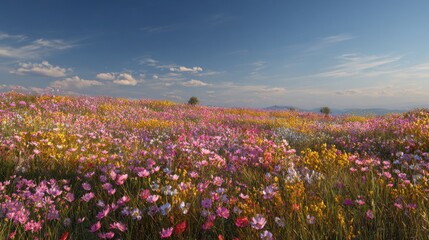 Fototapeta premium A beautiful field with colorful flowers in full bloom, under a clear blue sky, with gentle sunlight illuminating the scene, creating a serene and picturesque landscape. 