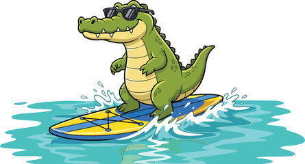 Crocodile Surfer Cartoon Riding Surfboard On Wave.