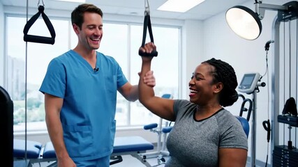 Friendly Gym Session Demonstrating Rehabilitation and Motivation with a Female Client and Male