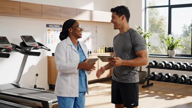 Healthcare Professional Discussing Fitness Goals With Young Male Athlete In Modern Gym