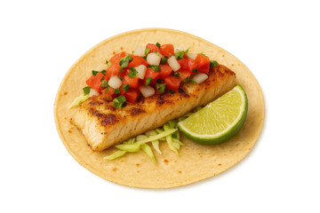 Grilled fish taco with fresh pico de gallo and lime slice on flour tortilla, mexican street food recipe