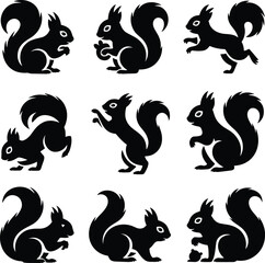 Collection of black squirrel silhouettes in various poses suitable for icons and logos