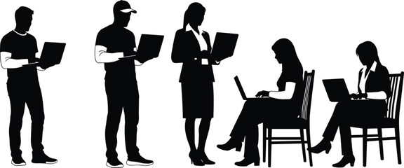 Digital Technology and Remote Work Silhouettes Diverse Group of Men and Women Using Laptops and Tablets for Business and Casual Computing