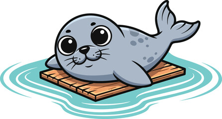 Playful cartoon seal on a wooden raft.