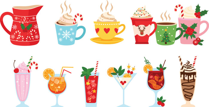 Festive winter and holiday drinks illustration set with hot chocolate coffee mugs milkshakes cocktails and seasonal beverages, colorful vector collection