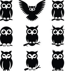 Fototapeta premium Collection of different black owl silhouettes and icons on a white background