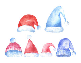 Watercolor clip art of Santa Claus hats and winter knitted hats isolated on transparent background. For stickers, scrapbooking, Christmas decoration