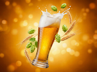 Beer glass commercial photography flying hops cold alcoholic drink advertising poster lager ale foam splash motion concept golden background pub bar beverage oktoberfest brewery refreshment design