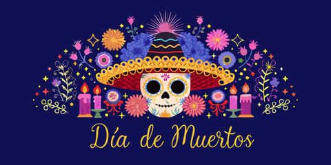 A vibrant d a de muertos skull with flowers and festive decorations