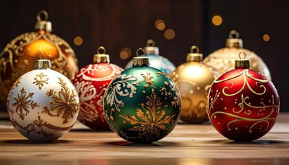 Ornate Christmas Ornaments Festive Holiday Decorations with Bokeh Lights.