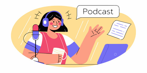 A smiling woman recording a podcast with headphones microphone and laptop