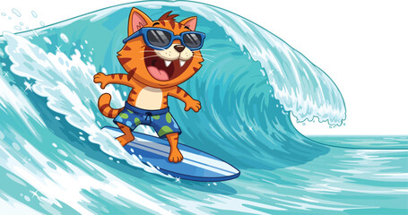 Surfing Cat Riding Large Wave Joyfully.