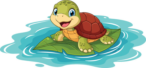 Smiling cartoon turtle floating on water. © EKO