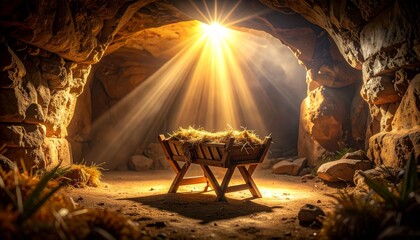 A dark ancient cave interior with a close-up focus on an empty wooden manger