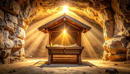 A dark ancient cave interior with a close-up focus on an empty wooden manger