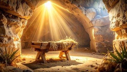 Inside a dimly lit ancient cave, a close-up view of an empty wooden manger placed at the center, rough wood texture