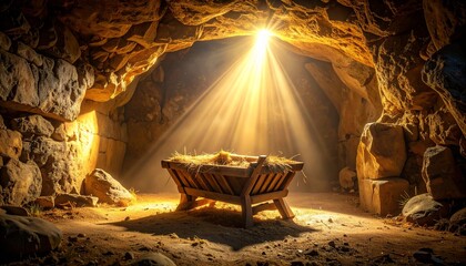 Inside a dimly lit ancient cave, a close-up view of an empty wooden manger placed at the center, rough wood texture