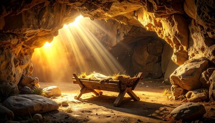 Inside a dimly lit ancient cave, a close-up view of an empty wooden manger placed at the center, rough wood texture