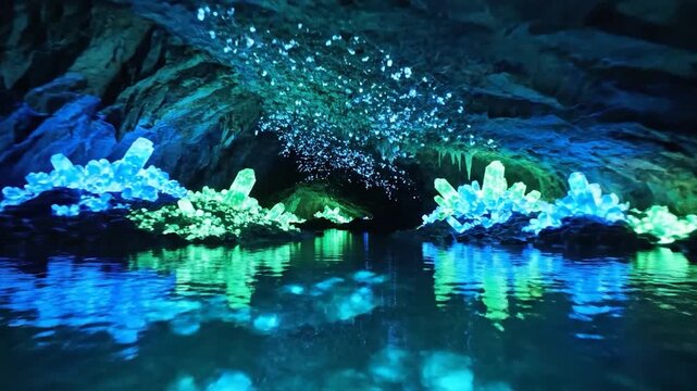 Enchanting glowworm cave with ethereal blue light reflecting on water, a magical journey into an otherworldly place, nature's wonder in motion