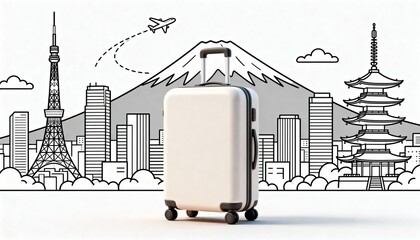 Tokyo Travel Concept with Suitcase and Minimal Line Art Cityscape