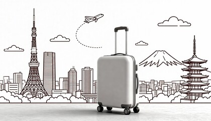 Tokyo Travel Concept with Suitcase and Minimal Line Art Cityscape