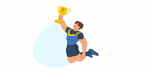 A victorious athlete celebrates with a golden trophy jumping for joy