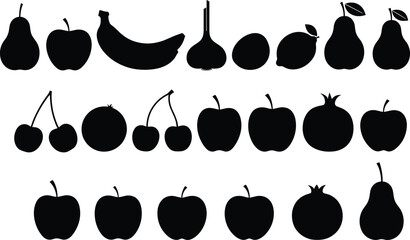 Fruit silhouette illustration set featuring apples pears bananas cherries and pomegranates, solid black healthy food vector icons for packaging and branding © Sumon Creative