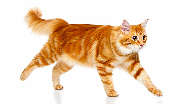 A ginger tabby cat walking isolated on white background with a fluffy tail and amber eyes in a studio shot with a white background - Powered by Adobe