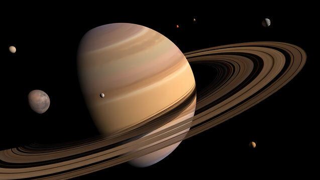 A stunning 3d rendering of the planet saturn with its iconic rings and several moons orbiting in the vast expanse of outer space - Powered by Adobe