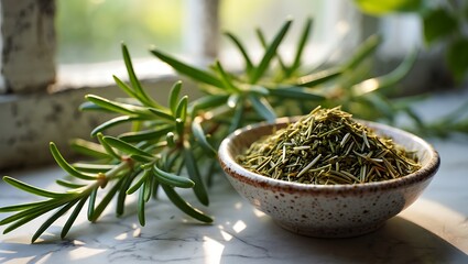 Fresh green rosemary herb in ceramic bowl on marble surface