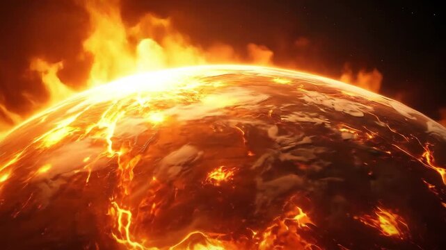Fiery Globe with Flames in a Dark Space Futuristic Scene of Global Warming Concept