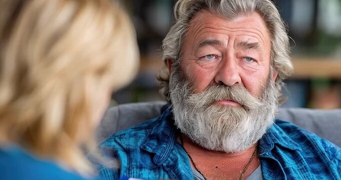Older man with beard in conversation dialogue soft focus