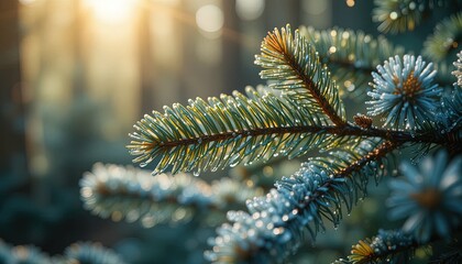Beautiful evergreen branch glistening with morning dew in golden sunlight, perfect for serene holiday designs or winter nature scenes