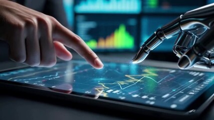 A human hand and a robotic hand interact on a digital tablet showcasing financial data and graph charts. The hands point to the data displayed on the screen, hinting at a collaboration in technology - Powered by Adobe