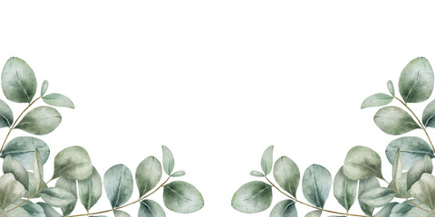 Watercolor illustration of a decorative frame made of eucalyptus branches, isolated on white background. Elegant botanical element perfect for wedding invitations, greeting cards, and floral design © Cristina